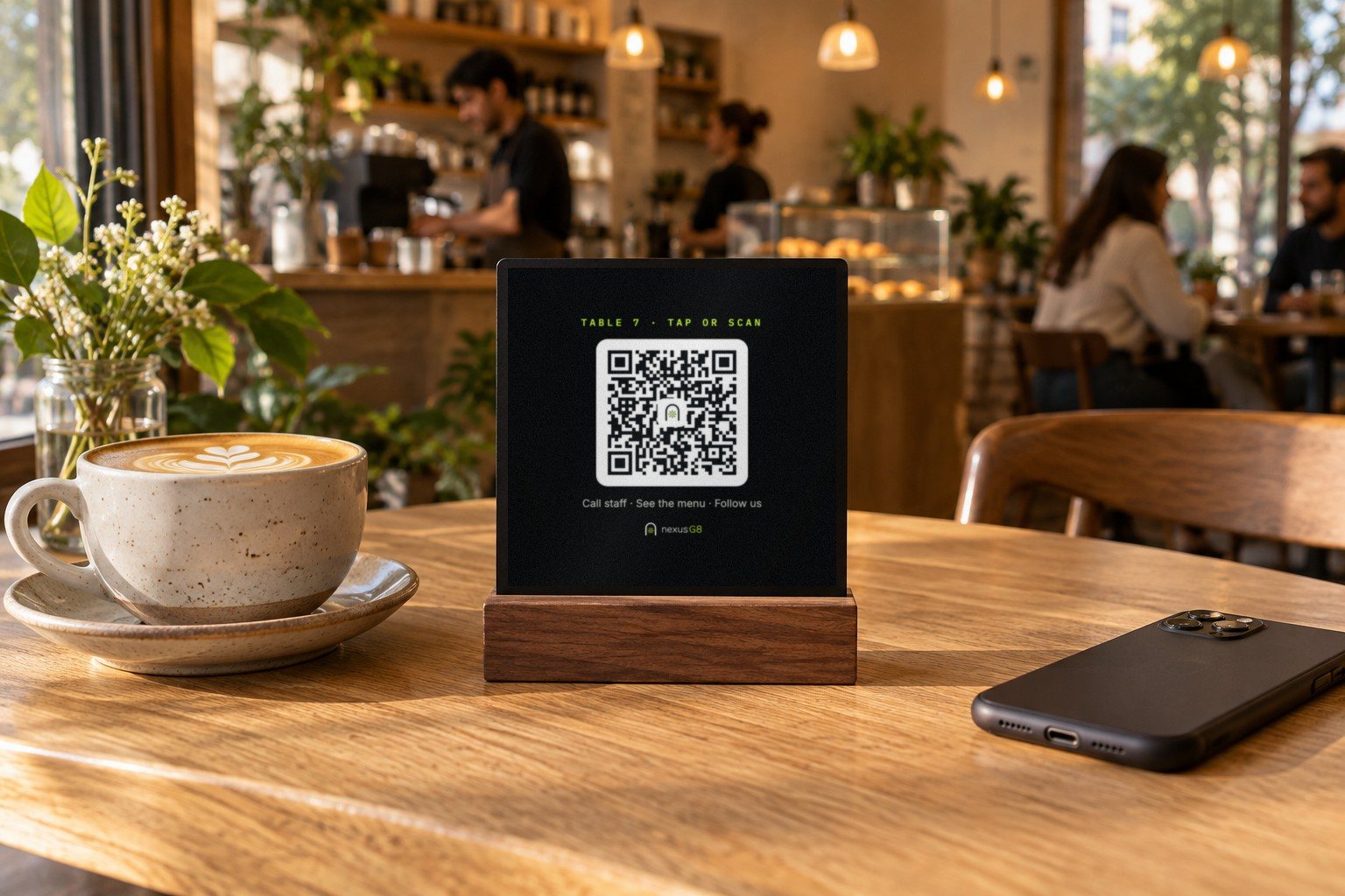 A NexusG8 code on a café table beside a coffee